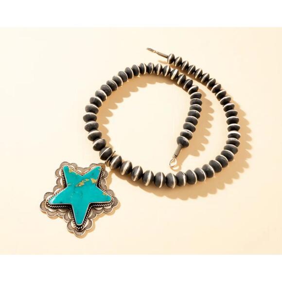 Native Jewelry - Native American Kingman Turquoise Star Pendant & Navajo 12 mm Pearl Necklace